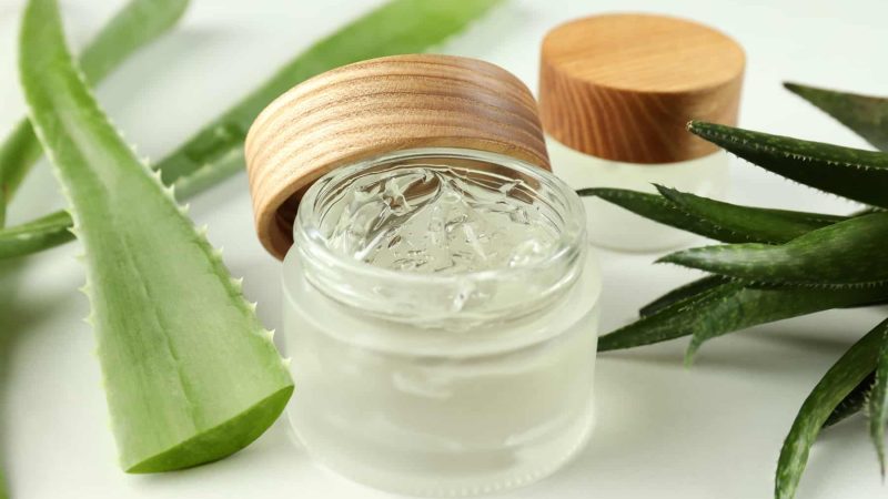 Aloe vera and cosmetics on white background